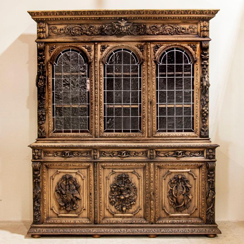 Antique Large Carved Bleached Oak Bookcase Display from France